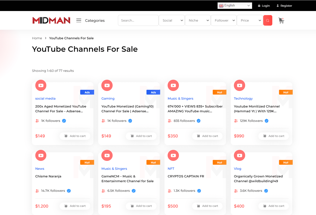 YouTube channel price